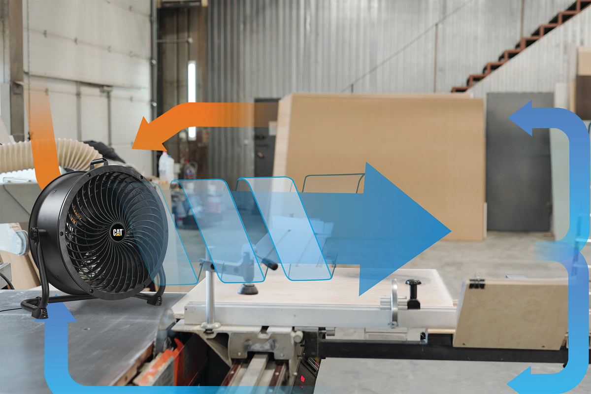 A black industrial fan is shown in a workshop setting, with orange and blue airflow arrows overlaid to illustrate ventilation or dust collection. The fan is positioned next to a table or conveyor system, with cardboard boxes and a metal warehouse interior in the background.
