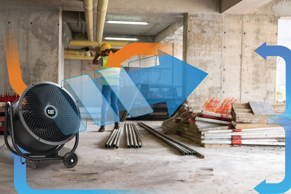 A black CAT industrial fan shown in a construction site setting, with a worker in the background and blue and orange airflow graphic overlays.