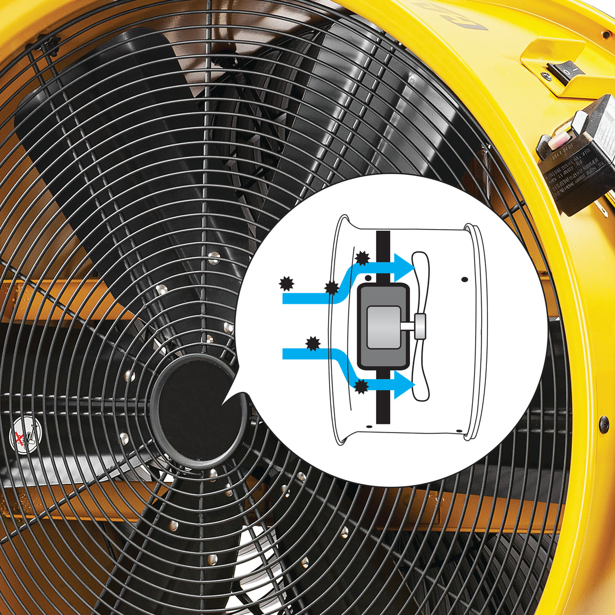 Close-up of a yellow industrial fan with a black protective grille and a circular inset diagram showing airflow and filter placement.
