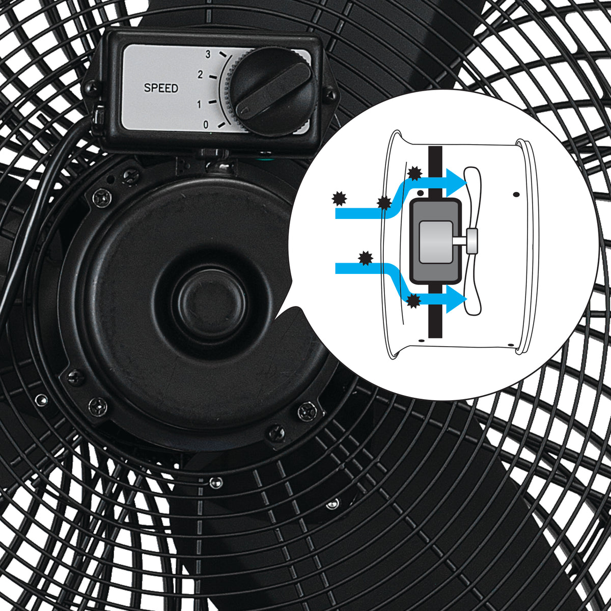Close-up of a black fan with a speed control dial, shown with a circular inset diagram illustrating airflow and filter placement.