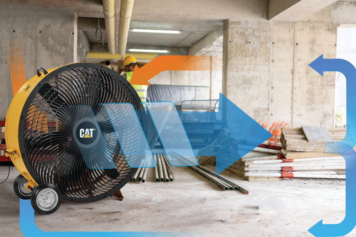 A yellow CAT industrial floor fan on a construction site, with blue and orange airflow graphic overlays and a worker visible in the background.
