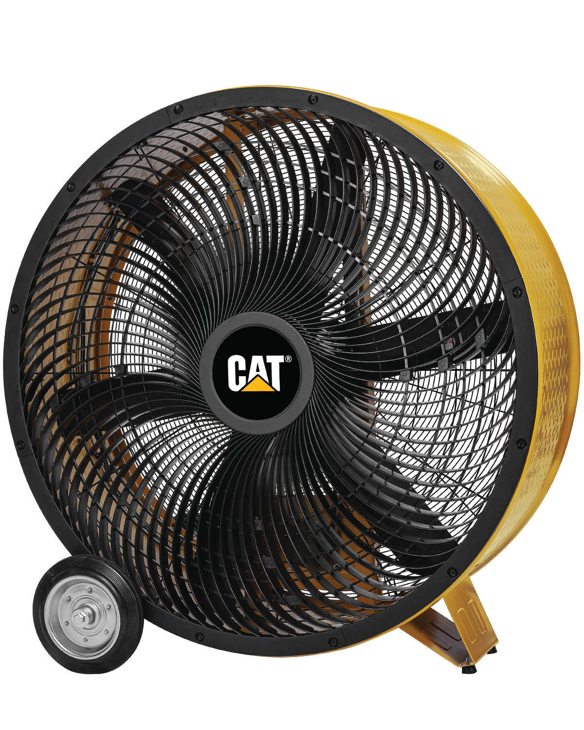 CAT industrial floor fan with a large black wire grille, black fan blades, a yellow side housing, and a small wheeled base on a white background.