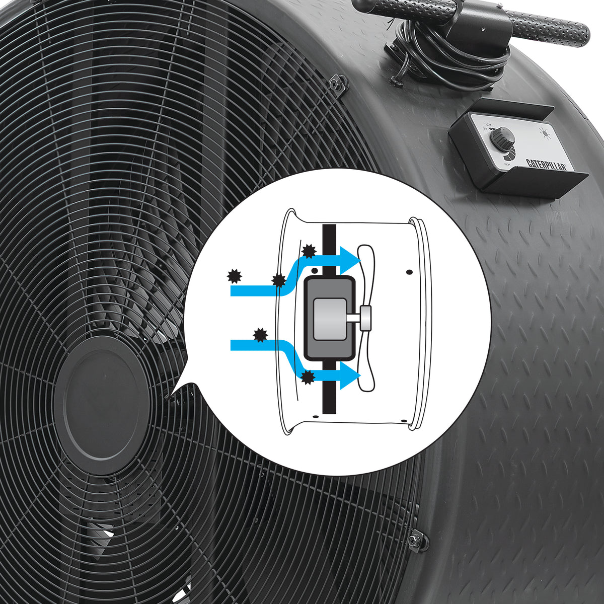 A close-up of a large black industrial fan or blower with a circular control box and a speech-bubble style diagram overlay showing airflow or filter placement.