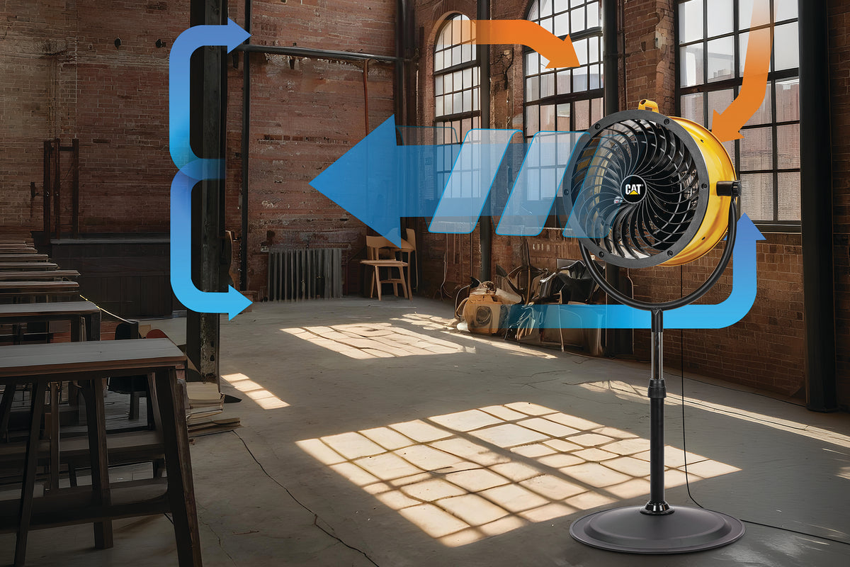 A yellow and black CAT pedestal fan standing in a sunlit brick warehouse, with blue and orange airflow arrows overlaid to illustrate its circulation pattern.