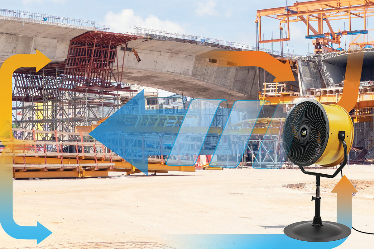 A yellow and black industrial floor fan on a stand, set against a construction site background with blue and orange graphic airflow arrows overlaid.