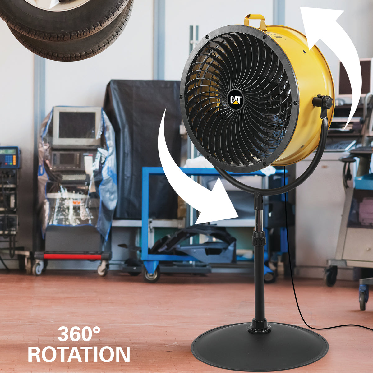 A yellow and black CAT industrial fan on a stand in a workshop setting, with white arrows and the text '360° ROTATION' indicating airflow direction.