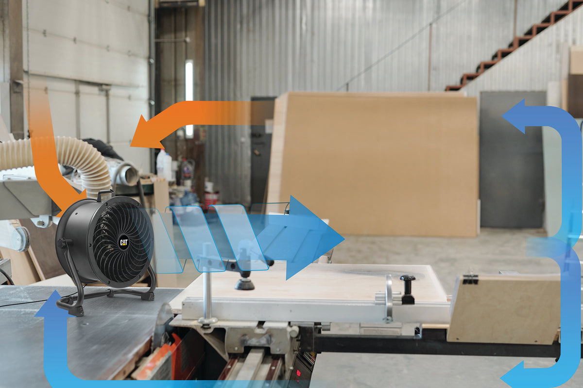 A workshop scene showing a black industrial fan connected to a dust collection hose, with orange and blue airflow arrows overlaid around the setup. The background includes a large wood panel, table saw components, and a warehouse-like interior.