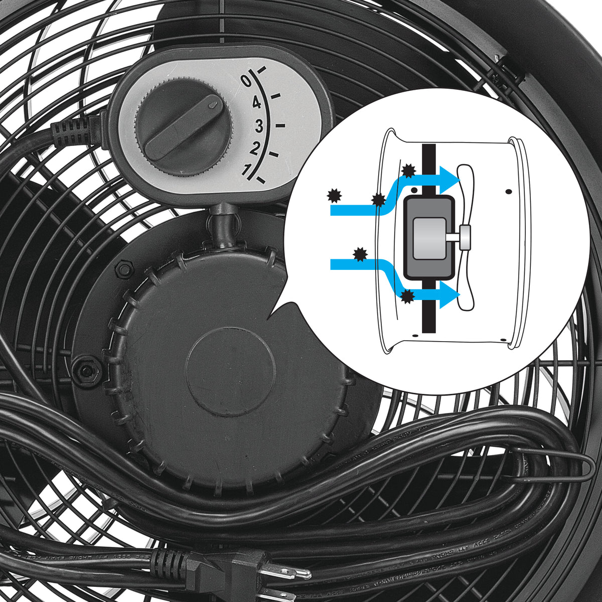 Close-up of a black fan with a speed dial, plus a circular inset diagram showing airflow direction through the fan.