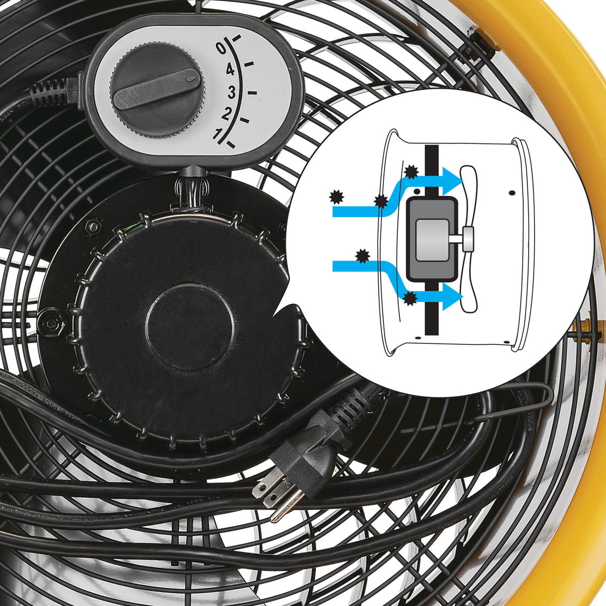 Close-up of a black fan with a speed control dial and tangled power cord, plus a circular inset diagram showing airflow and filter placement.