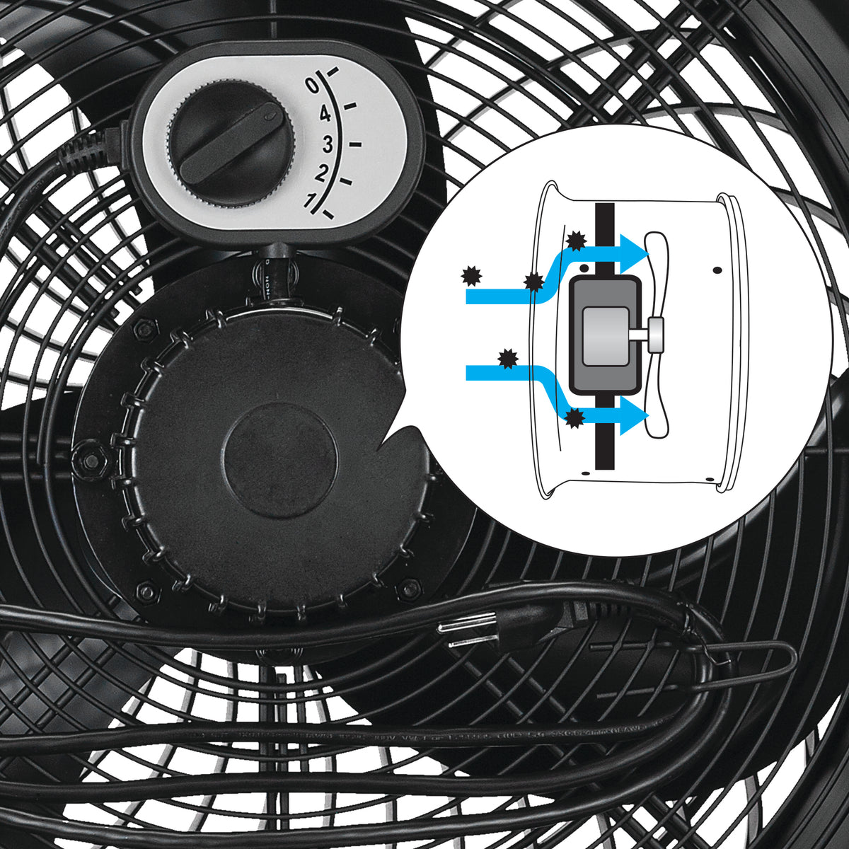 Close-up of a black fan with a dial control and a circular inset diagram showing airflow direction through the fan.