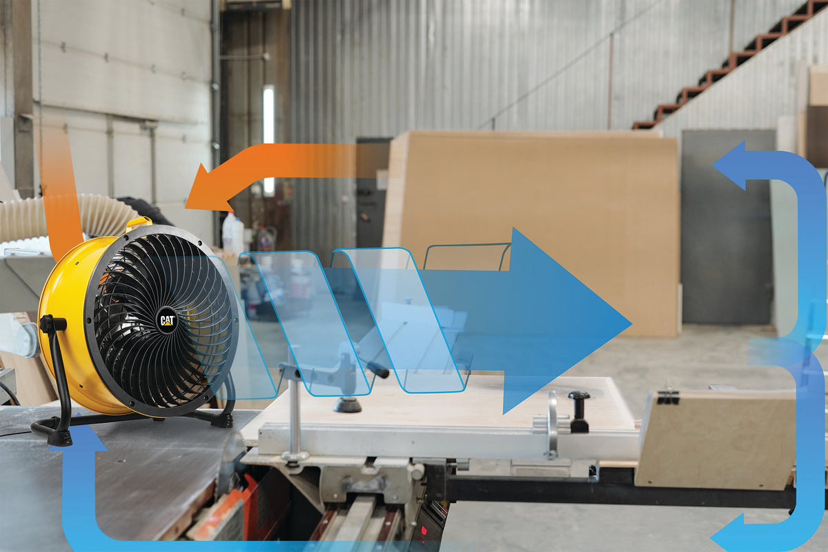 A yellow industrial fan positioned on a workbench in a workshop, with large blue and orange airflow arrows overlaid across the scene to illustrate ventilation or dust collection.