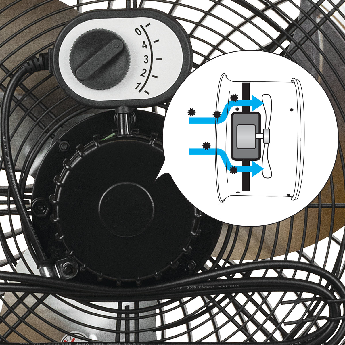 Close-up of a black fan with a white rotary speed dial, plus a circular inset diagram showing airflow direction through the fan.