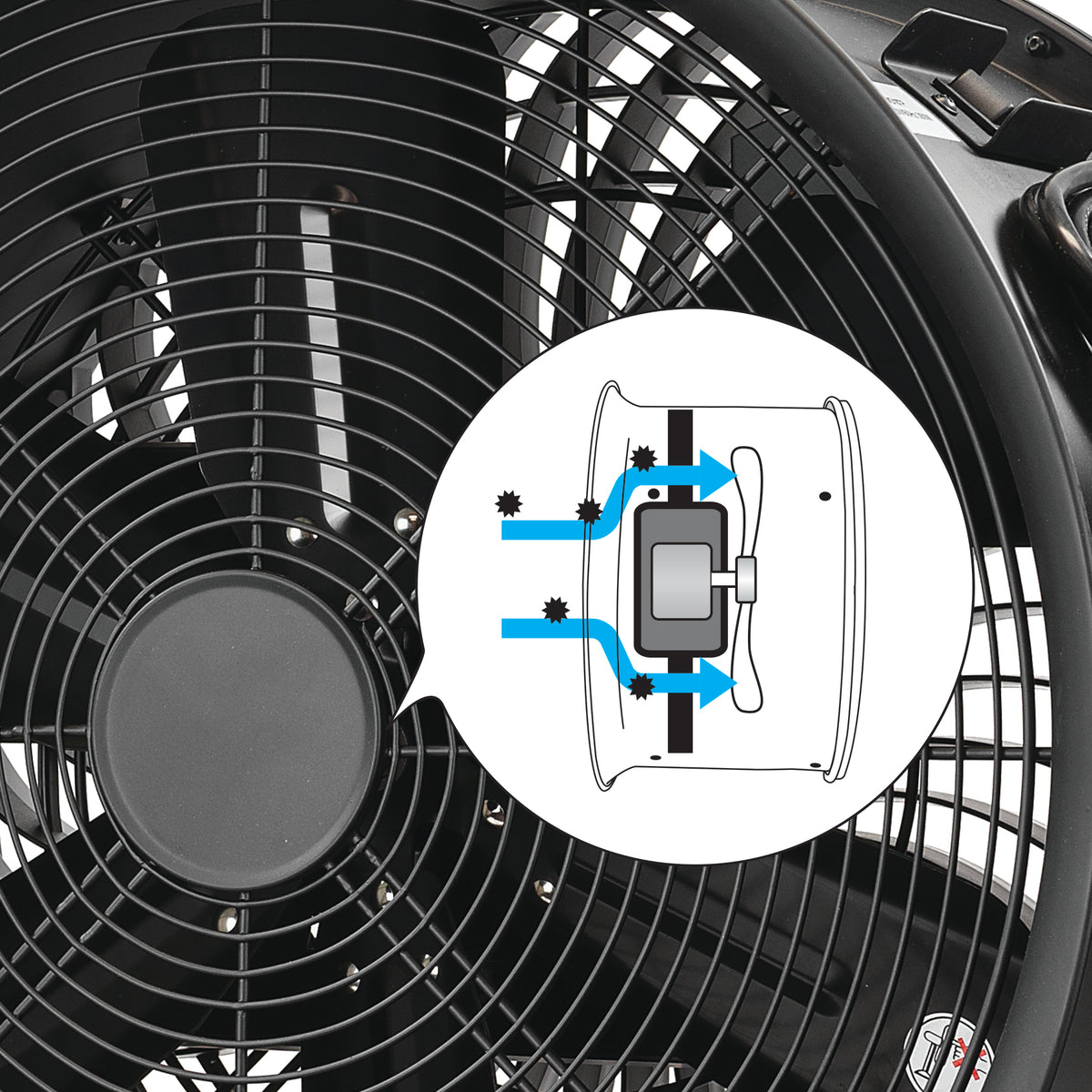 Close-up of a black electric fan with a circular inset diagram showing airflow direction over the fan blades.