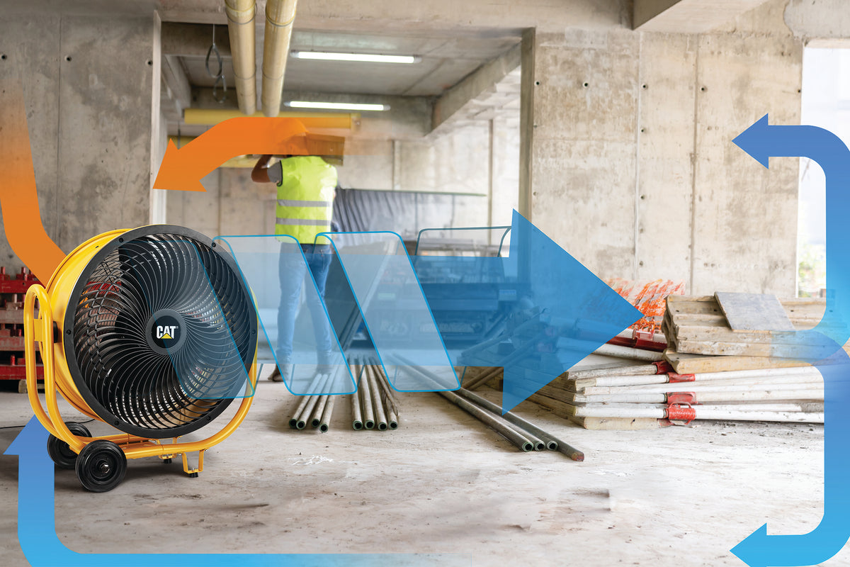 A yellow CAT industrial centrifugal fan placed in a concrete construction site, with large blue and orange airflow arrows overlaid across the scene.