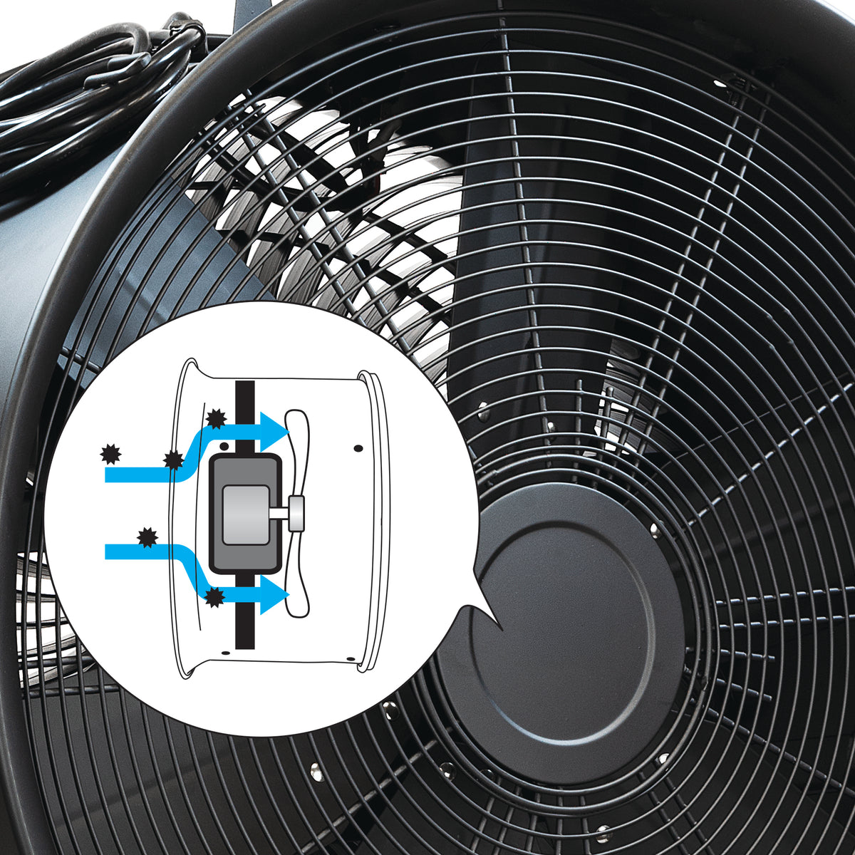 Close-up of a black fan grille with a circular inset diagram showing airflow and filter placement.