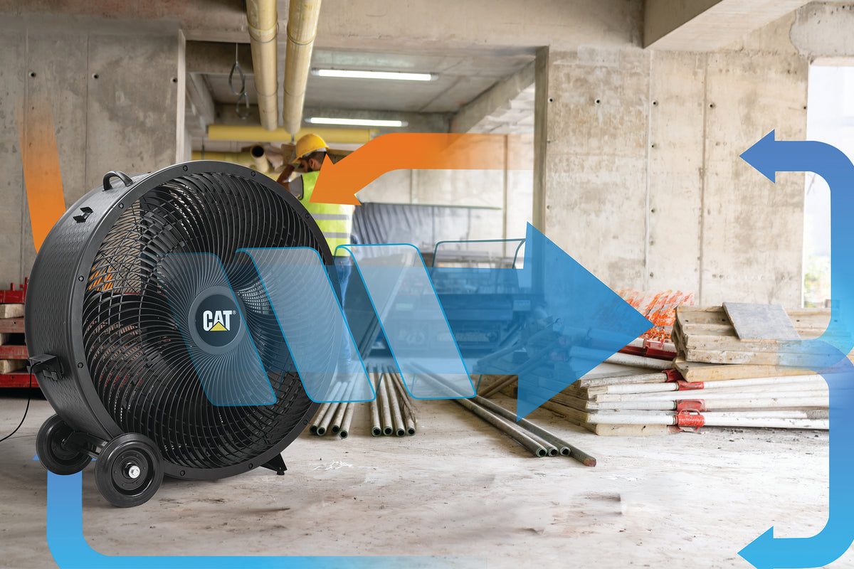 A CAT industrial floor fan with wheels in a construction site setting, overlaid with blue and orange airflow arrows.