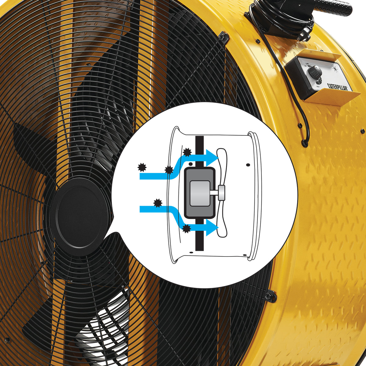 Close-up of a yellow industrial fan with a black grille and a circular inset diagram showing airflow and filter placement.