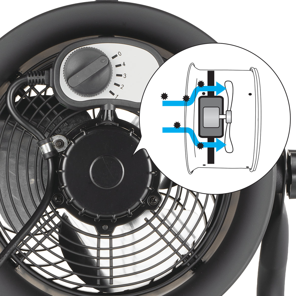 Close-up of a black fan with a speed dial and a circular inset diagram showing airflow and filter placement.