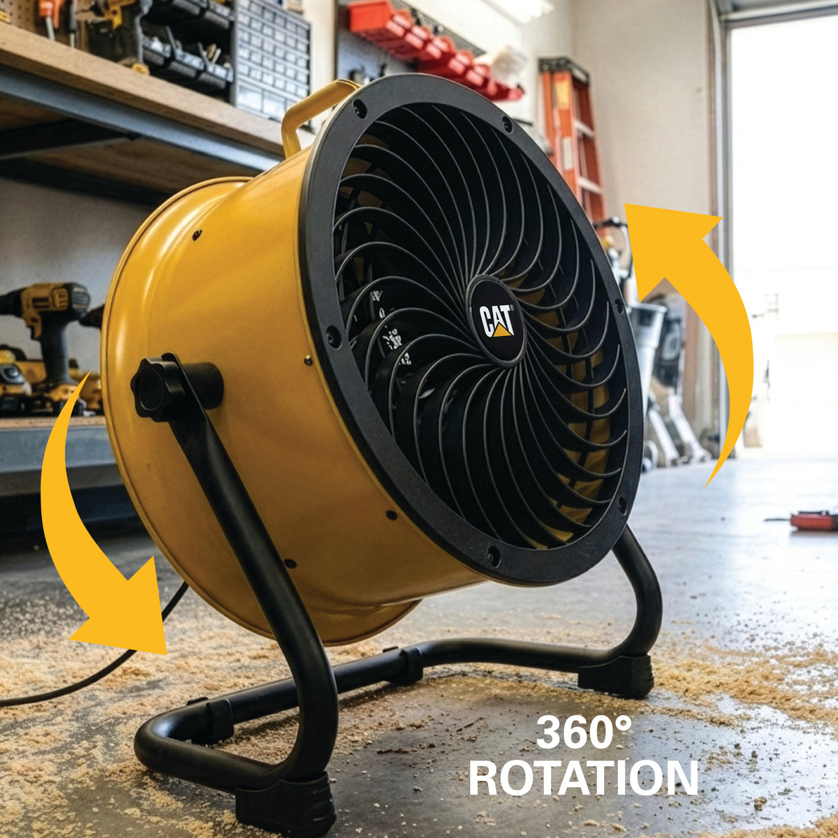 A yellow CAT industrial fan with curved black legs, shown in a workshop with yellow arrows indicating 360° rotation and the text '360° ROTATION' overlaid on the image.