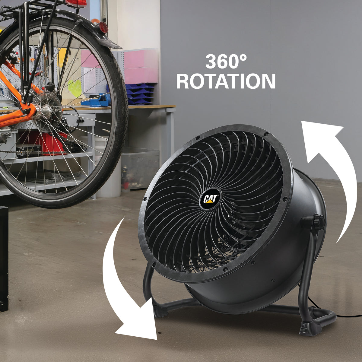 A large black CAT industrial fan with a 360-degree rotation feature, shown in a workshop setting with a bicycle in the background and white arrows indicating rotation.