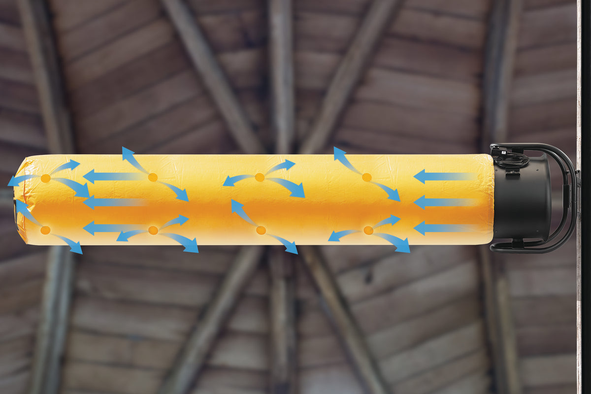 A yellow cylindrical hanging fixture or tube with blue airflow arrows overlaid across it, shown against a blurred wooden ceiling structure. A black mounting bracket is attached on the right side.