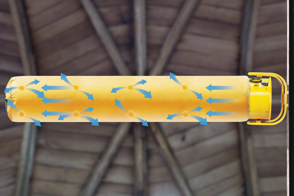 A yellow cylindrical industrial product, likely a pump or motor housing, shown against a blurred wooden ceiling background with blue arrows overlaid to illustrate airflow or circulation patterns.