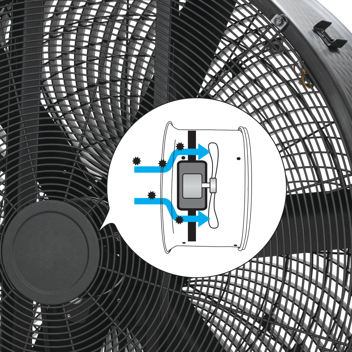 Close-up of a black fan grille with a circular inset diagram showing airflow and a motor component, likely explaining operation or maintenance.