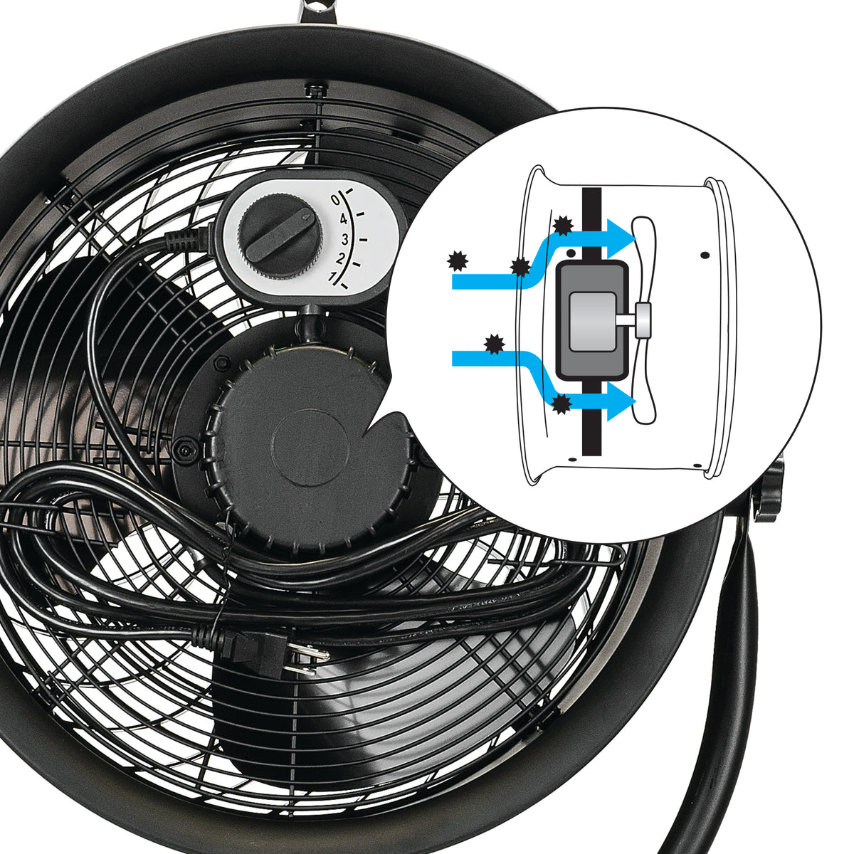 Black fan with a circular control dial and a detailed inset diagram showing airflow and filter placement.