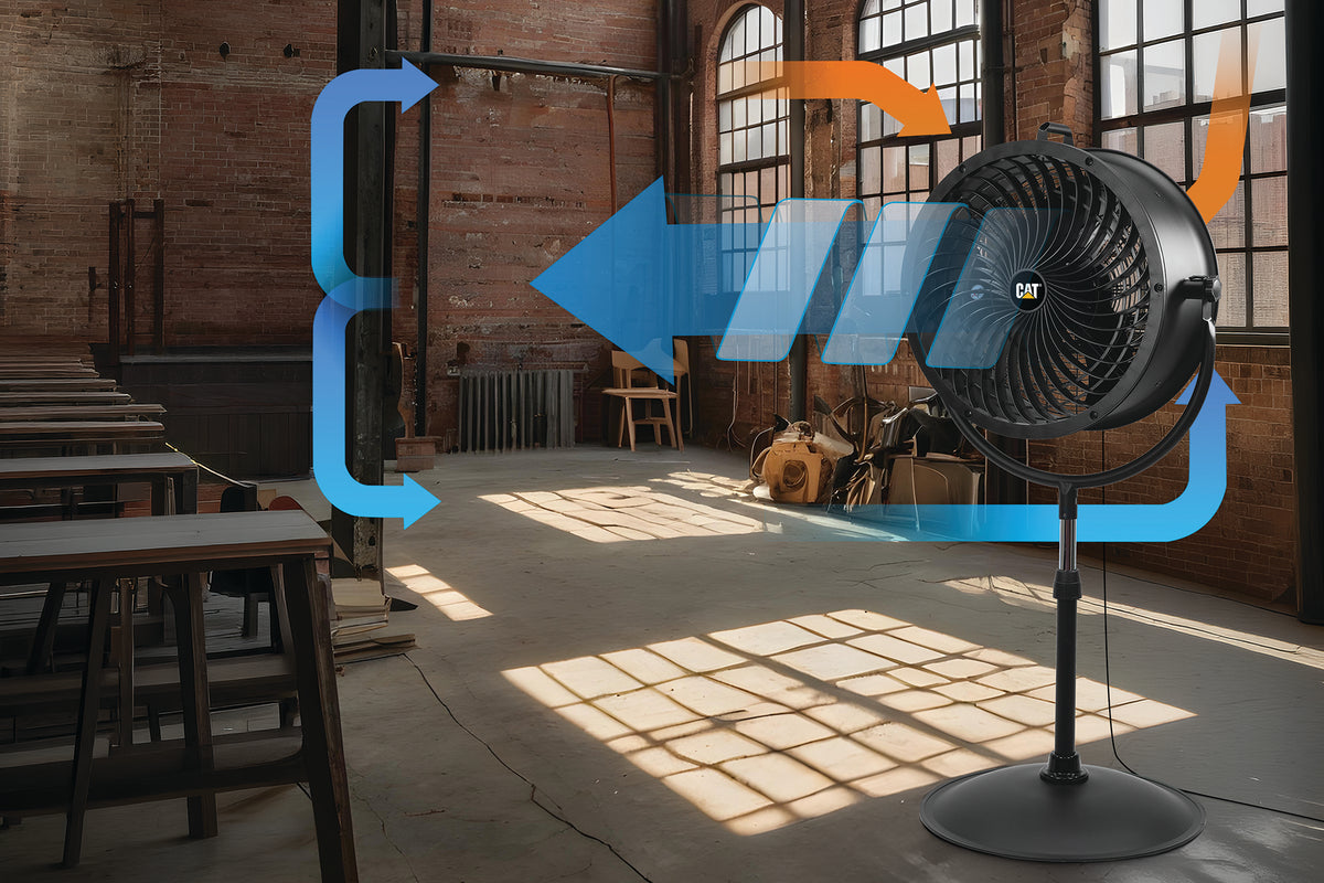A CAT brand black industrial pedestal fan in a sunlit brick warehouse, with blue and orange airflow graphics overlaid to illustrate circulation.