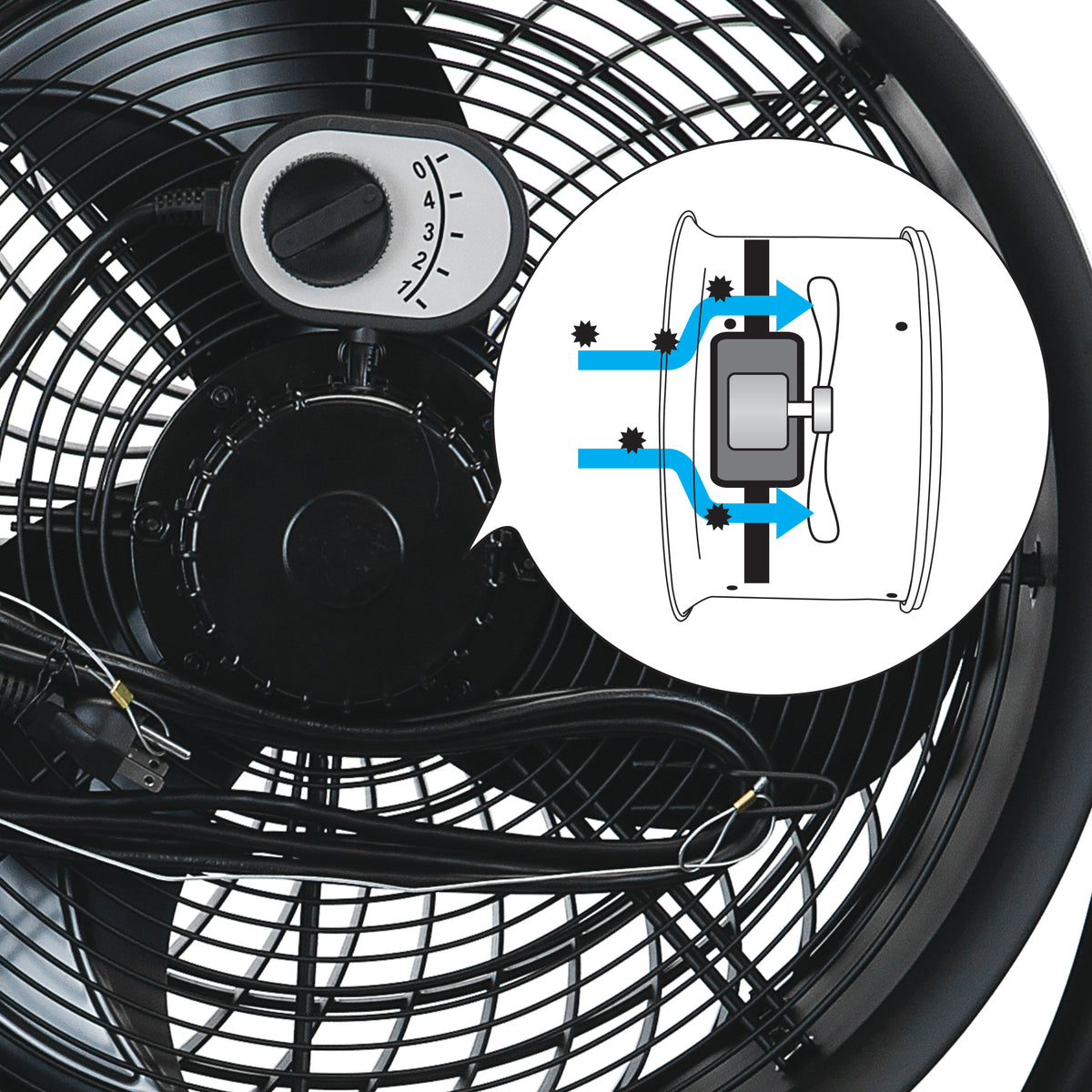 Close-up of a black fan with a dial control and a circular inset diagram showing airflow direction through the fan.