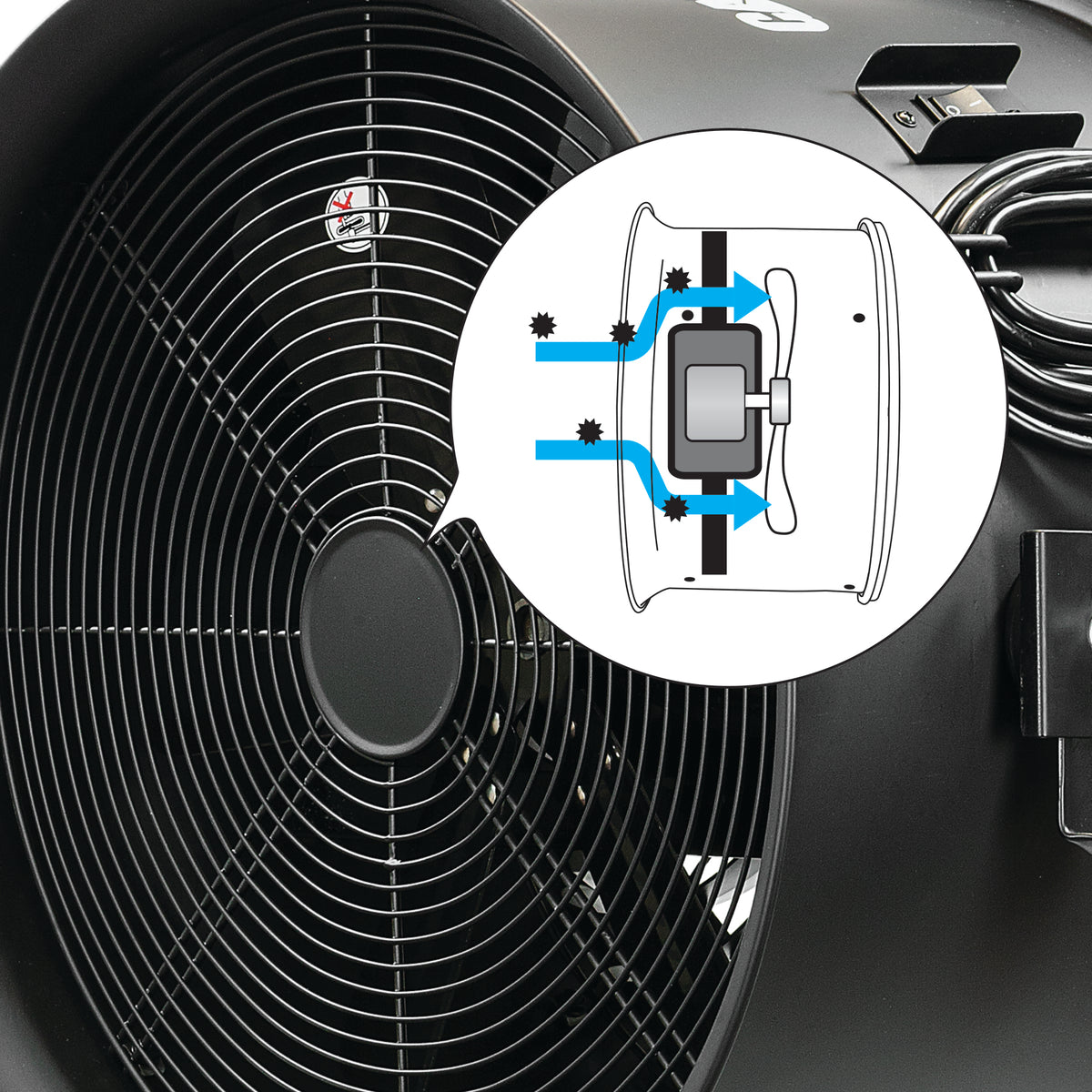 Close-up of a black industrial fan with a circular inset diagram showing airflow and filter placement.